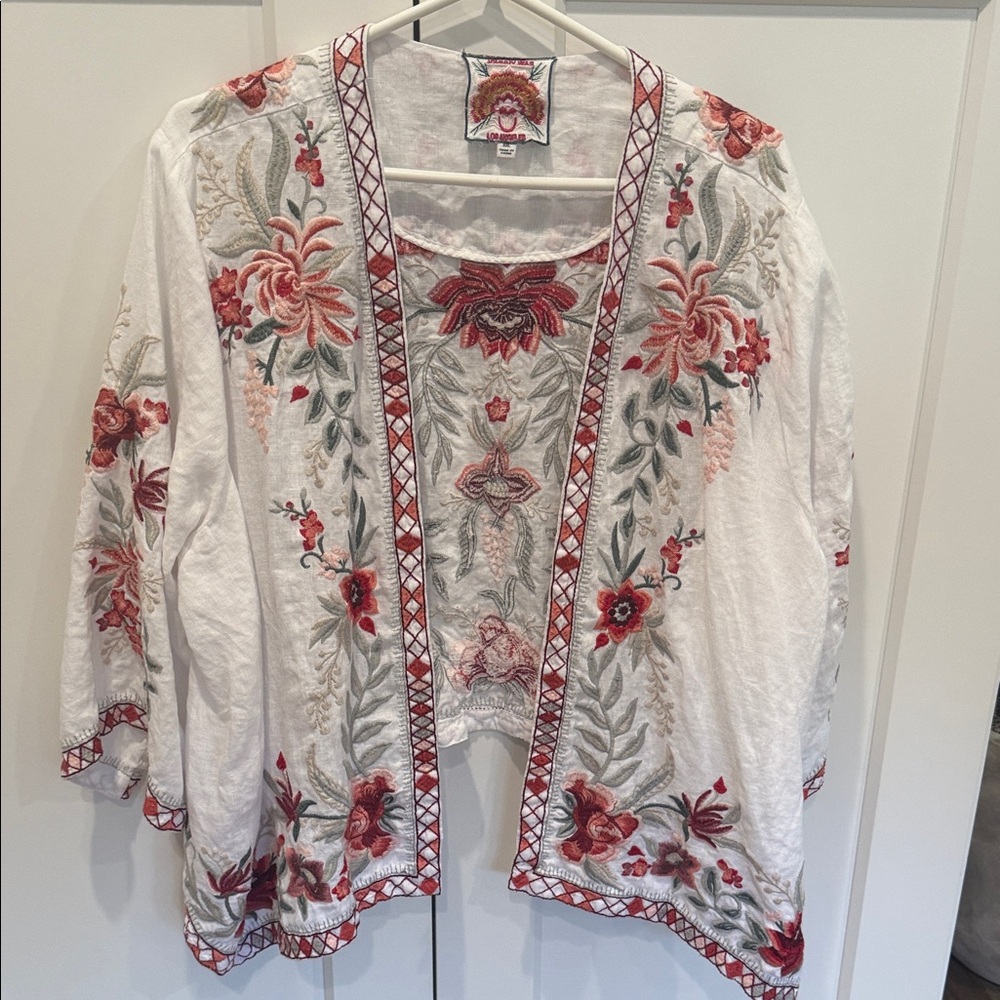 Johnny Was Linen Kimono with Red Floral Embroidery